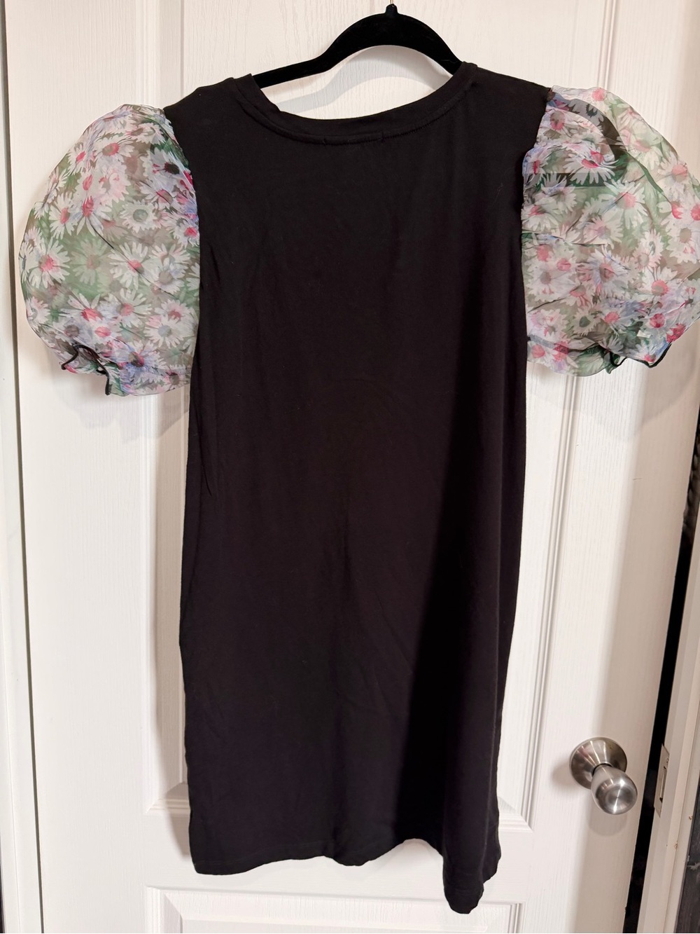 Forever 21 Black Knit Dress with Floral Puff Sleeves